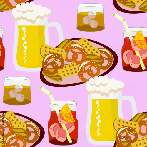Vector - summer party with drinks and pastries seamless pattern.