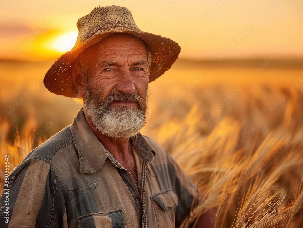 portrait of a weathered but content middleaged caucasian farmer standing in his golden wheat field at sunset embodying rural life and agricultural tradition portrait of a weathered but content middleaged caucasian farmer standing in his golden wheat field at sunset embodying rural life and agricultural tradition