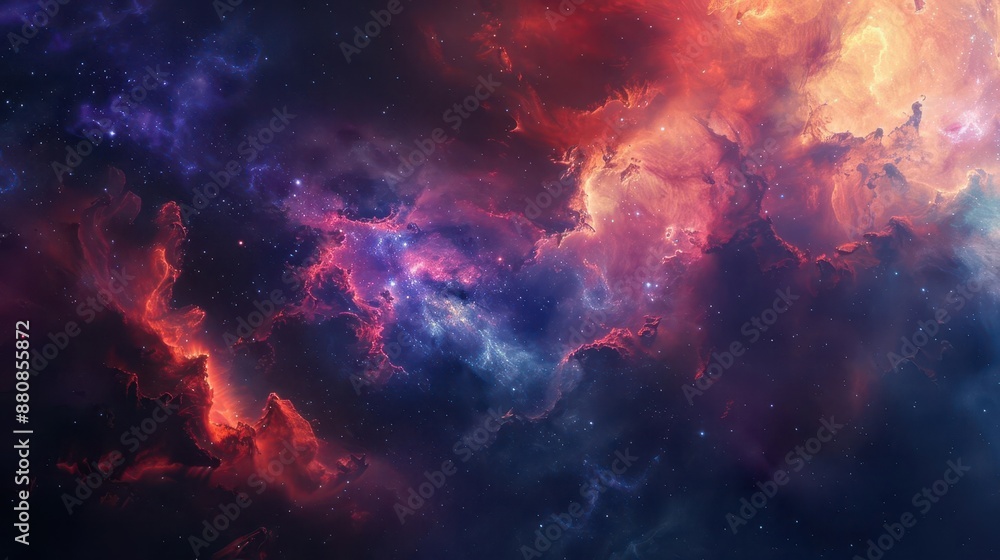 Obraz premium breathtaking vista of a vibrant nebula swirling with cosmic dust and newborn stars set against the backdrop of infinite space