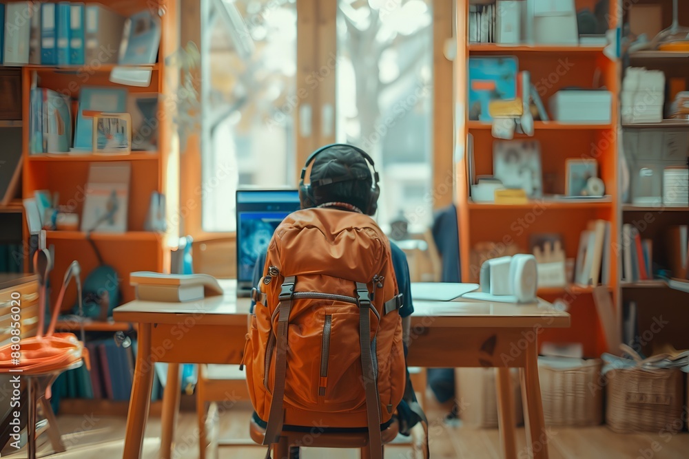 Child with headphones studying on a laptop in a vibrant home library filled with books and sunlight. Child with headphones studying on a laptop in a vibrant home library filled with books and sunlight.
