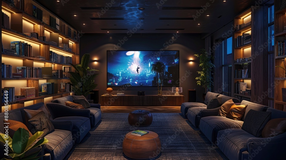 A shared media room in a co-living space, with residents watching a movie, surrounded by comfortable seating and soft lighting. A shared media room in a co-living space, with residents watching a movie, surrounded by comfortable seating and soft lighting.