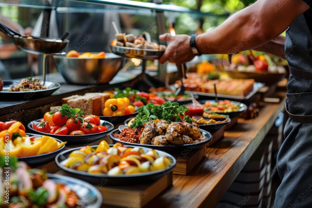 Obraz premium A vibrant buffet showcasing a wide assortment of colorful, fresh foods including salads, grilled meats, fruits, and vegetables arranged neatly on a wooden table.