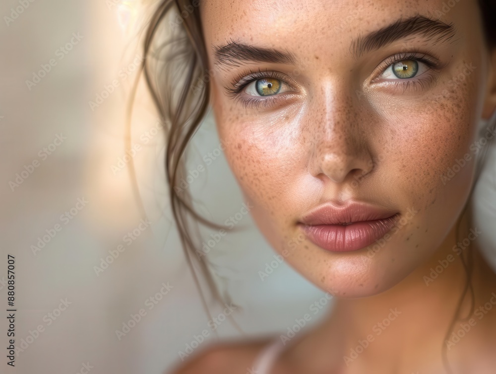 Naklejka premium radiant beauty portrait flawless glowing skin soft natural lighting enhancing features serene expression subtle makeup highlighting natural beauty