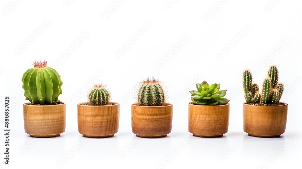 Row of cacti and succulents in wooden pots. Row of cacti and succulents in wooden pots.