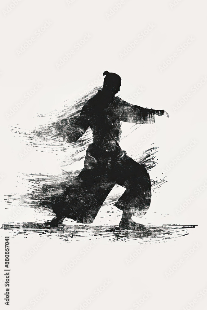 A black and white sketch of a person practicing martial arts A black and white sketch of a person practicing martial arts