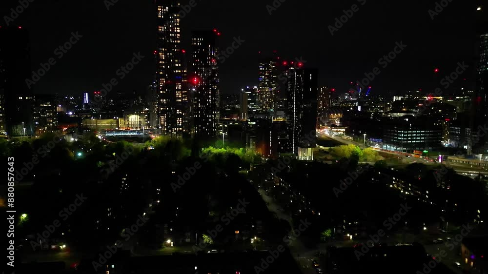 Aerial View of Illuminated Greater Manchester Central City During Cloudy Night, Northwest of England, United Kingdom. May 4th, 2024 Aerial View of Illuminated Greater Manchester Central City During Cloudy Night, Northwest of England, United Kingdom. May 4th, 2024