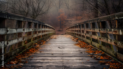 A bridge with a wooden railing and a path of leaves on it © JuroStock