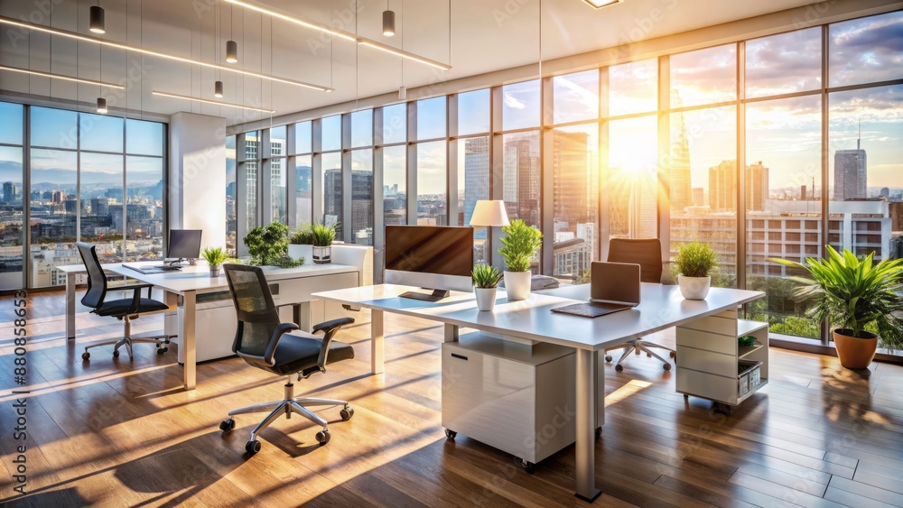 Fototapeta premium Modern business office setting with sleek furniture and blurred background, sunlight reflecting off window glass, creating a bright and professional atmosphere.