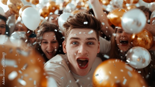 A festive photo of friends celebrating at school in casual outfits, reflecting warmth and fun, realistic photo, cinematography, hyper realistic