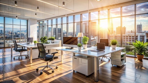 Modern business office setting with sleek furniture and blurred background, sunlight reflecting off window glass, creating a bright and professional atmosphere. © Man888