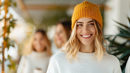 A lively photo of friends walking together at a cafe, smiling and showing confidence, realistic, cinematic, 8k, very detailed