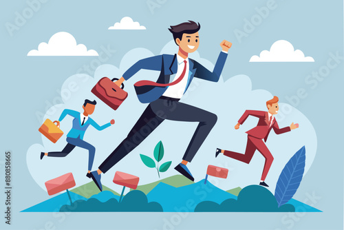 Competitive businessman with spring shoes leaping over rivals, gaining advantage through innovation, efficiency, and skill to win business race