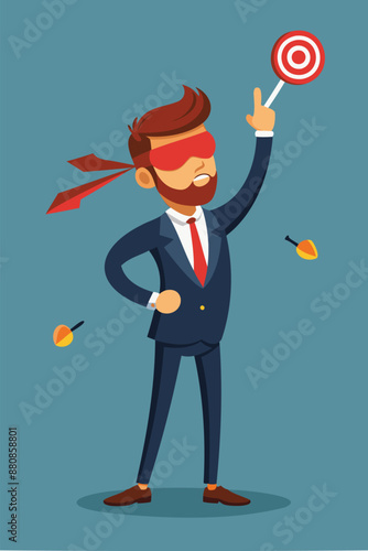 Blind Business Vision: Confused Businessman Throws Dart Blindfolded, Representing Leadership Failure and Unclear Goals