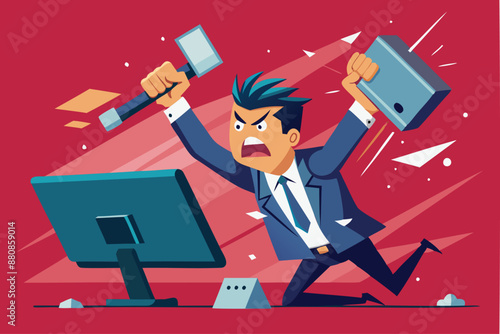 Frustrated Businessman Smashing Computer with Hammer, Overwhelmed by Tech Failures and Work Stress