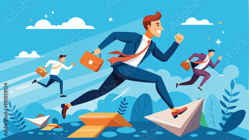 Competitive businessman with spring shoes leaping over rivals, gaining advantage through innovation, efficiency, and skill to win business race