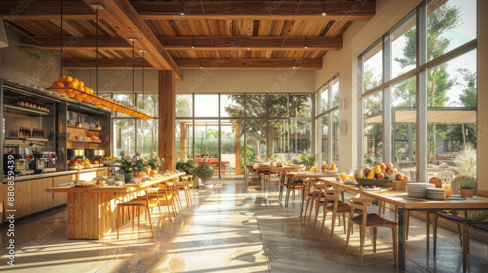 A communal dining area filled with natural light, where residents are enjoying a hearty breakfast together, featuring a mix of modern and rustic decor. A communal dining area filled with natural light, where residents are enjoying a hearty breakfast together, featuring a mix of modern and rustic decor.