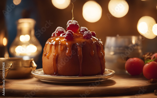 Rum Baba, syrup-soaked cake, rustic inn background, warm candlelight photo