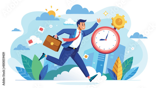 Smart Time Management: Confident Businessman Jumps Over Passing Clock, Achieving Success and Meeting Deadlines