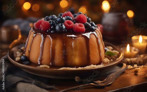 Rum Baba, syrup-soaked cake, rustic inn background, warm candlelight photo