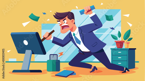 Frustrated Businessman Smashing Computer with Hammer, Overwhelmed by Tech Failures and Work Stress