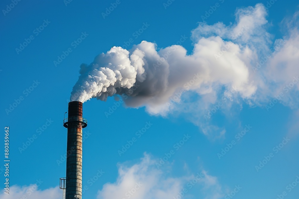 White and gray smoke and steam from a high concrete chimney against the bright blue sky White and gray smoke and steam from a high concrete chimney against the bright blue sky