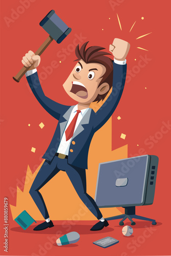 Frustrated Businessman Smashing Computer with Hammer, Overwhelmed by Tech Failures and Work Stress