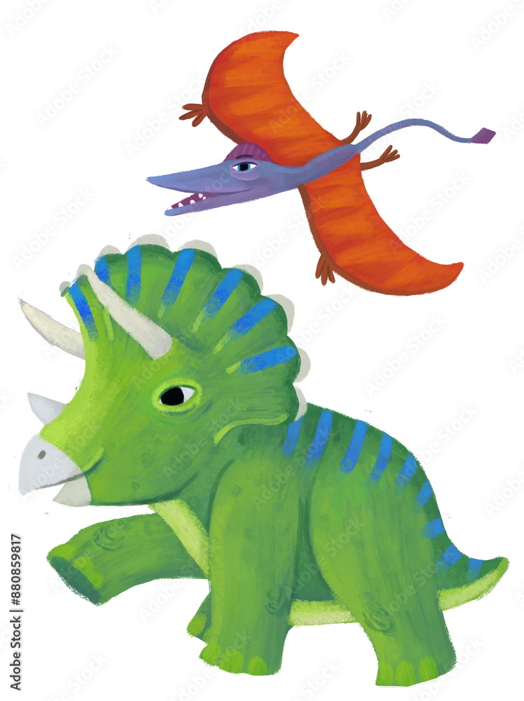 Fototapeta premium cartoon happy and funny colorful prehistoric dinosaur dino triceratops and quetzalcoatlus pterodactyl rhamphorhynchus bird flying isolated illustration for children