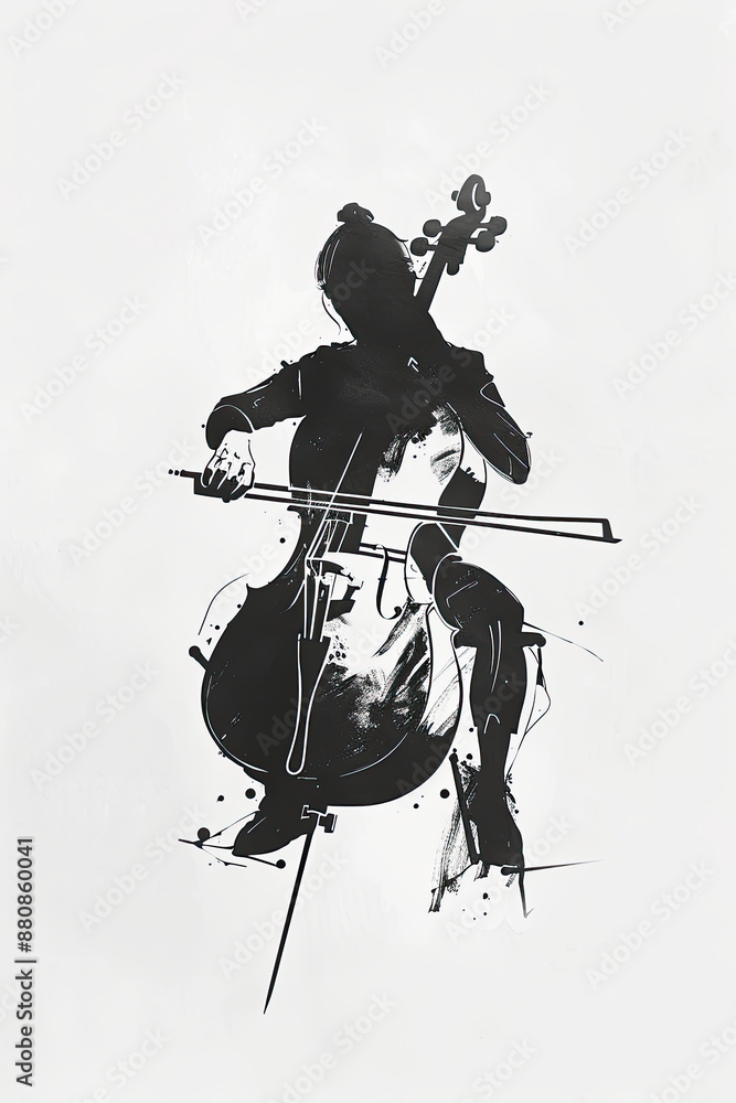 A black and white sketch of a person playing the cello A black and white sketch of a person playing the cello
