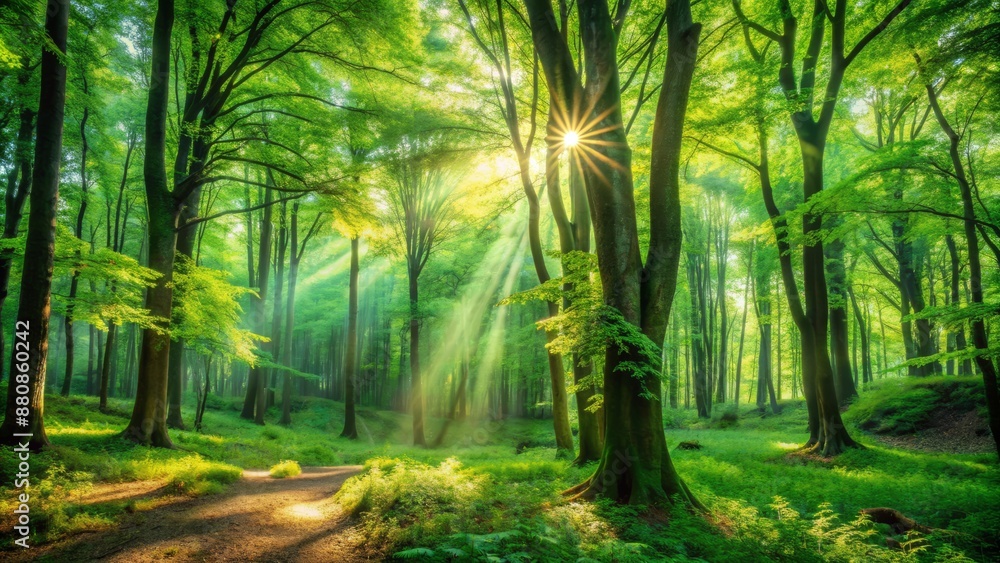 Obraz premium Vibrant green foliage of lush forest lungs surrounds a serene clearing, dappled light filtering through dense trees, symbolizing tranquility and connection with nature's essence.