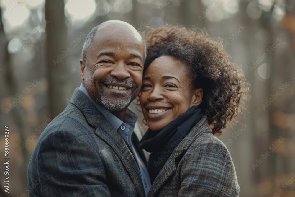 Portrait of a smiling multiethnic couple in their 40s wearing a professional suit jacket in front of backdrop of a mystical forest Portrait of a smiling multiethnic couple in their 40s wearing a professional suit jacket in front of backdrop of a mystical forest
