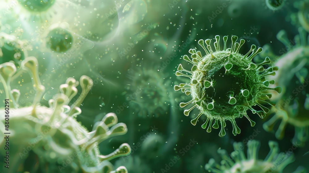 Vivid Microscopic View of Viral Cells in Green Fluid Vivid Microscopic View of Viral Cells in Green Fluid