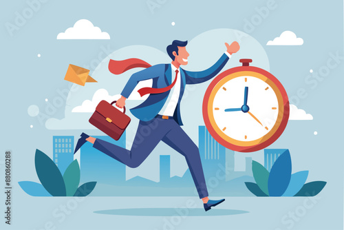 Smart Time Management: Confident Businessman Jumps Over Passing Clock, Achieving Success and Meeting Deadlines