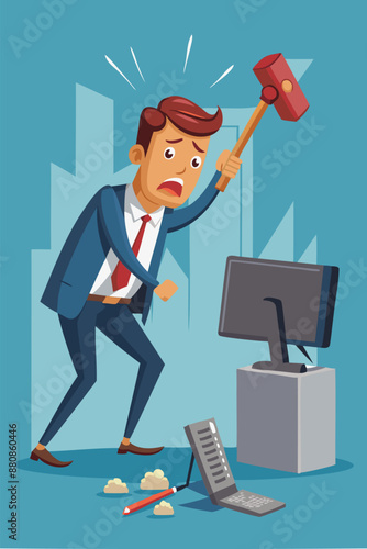 Frustrated Businessman Smashing Computer with Hammer, Overwhelmed by Tech Failures and Work Stress