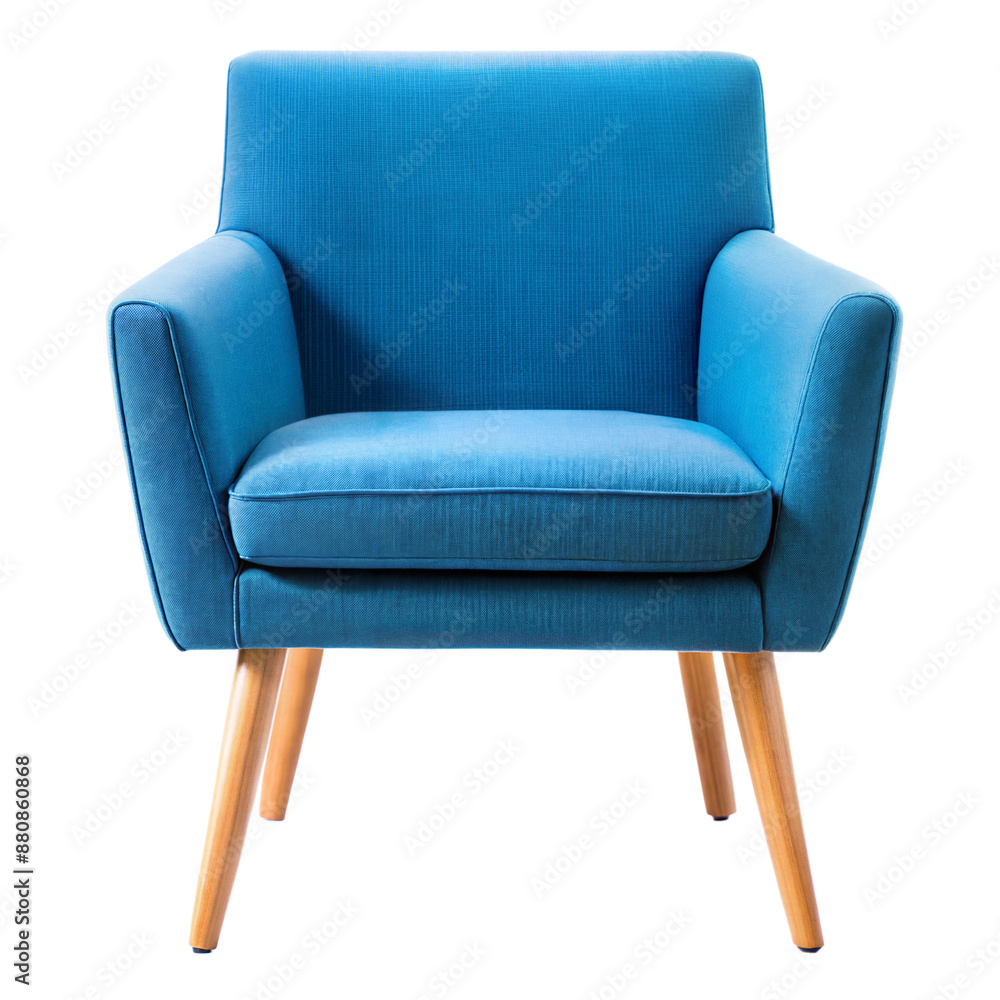 Blue fabric armchair with wooden legs, isolated on transparent background with clipping path cut-out Blue fabric armchair with wooden legs, isolated on transparent background with clipping path cut-out