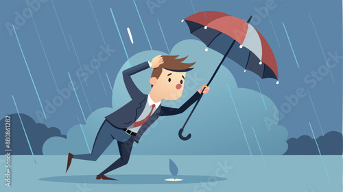 Frustration in the Rain: Wet Businessman Struggles with Broken Umbrella, Symbolizing Useless Effort and Disappointment
