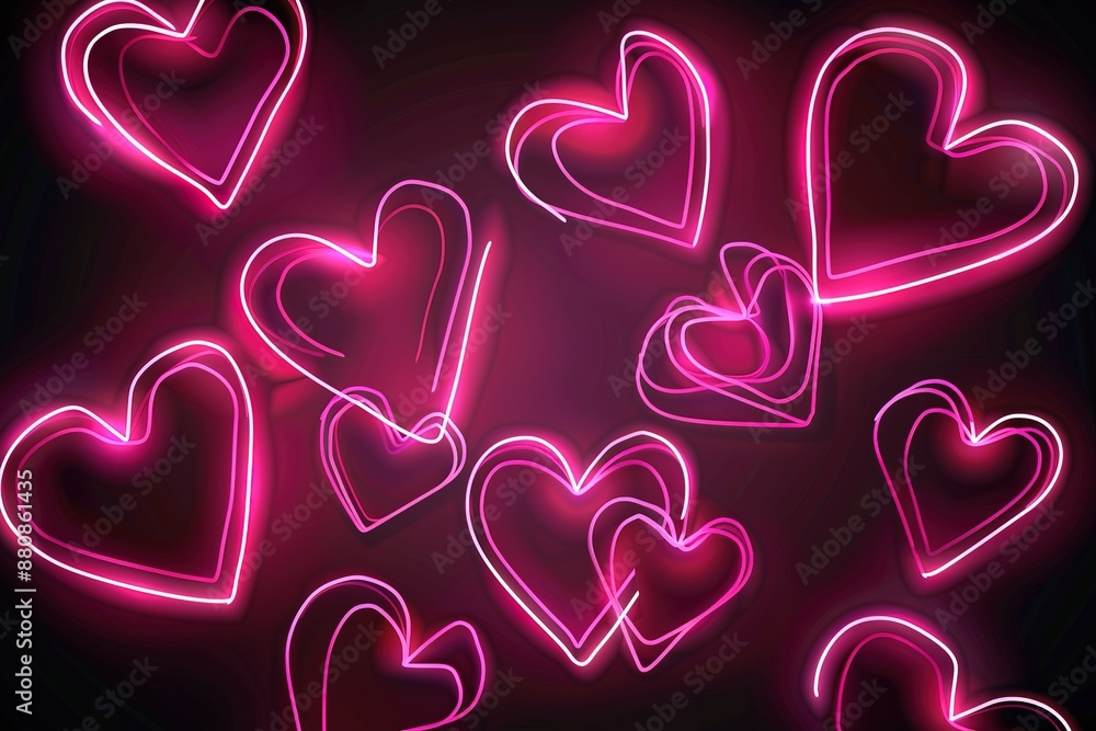 Composition of pink neon hearts on a black background Composition of pink neon hearts on a black background