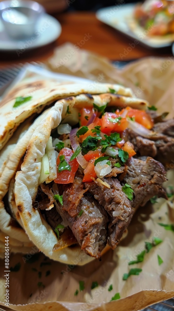 Close-up of a shawarma wrap with tender meat and fresh veggies, highlighting the textures and colors of the filling. The wrap is partially opened to reveal its contents. Close-up of a shawarma wrap with tender meat and fresh veggies, highlighting the textures and colors of the filling. The wrap is partially opened to reveal its contents.