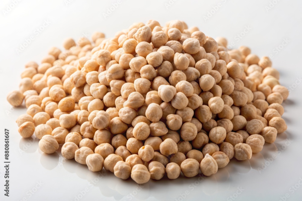 Freshly spilled heap of creamy white chickpeas with subtle shadows scattered on a clean, minimalist white background, perfect for food or culinary themes. Freshly spilled heap of creamy white chickpeas with subtle shadows scattered on a clean, minimalist white background, perfect for food or culinary themes.