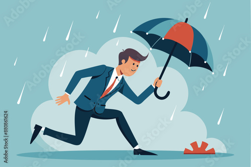 Frustration in the Rain: Wet Businessman Struggles with Broken Umbrella, Symbolizing Useless Effort and Disappointment