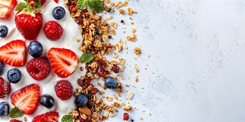 Tasty white yogurt bark with nuts berries granola healthy dessert. Concept Healthy Dessert, Yogurt Bark, Nuts, Berries, Granola photo