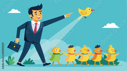 Confident Leader Pointing Direction, Guiding Team of Employees to Success like Ducklings Following