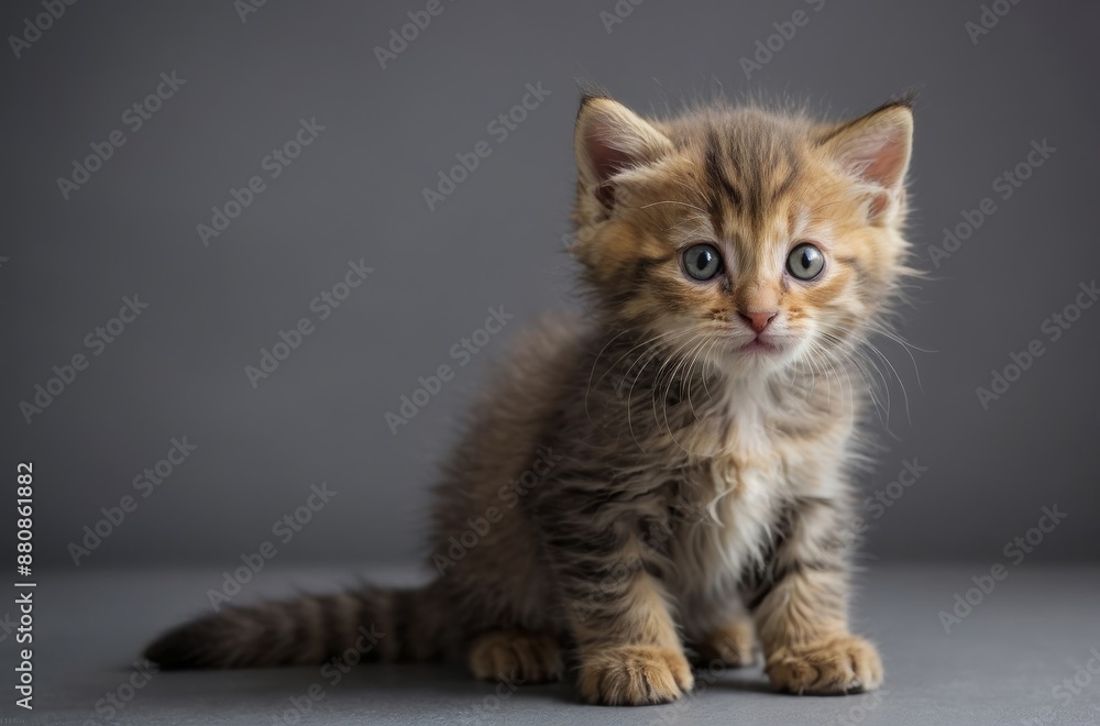 Full body portrait of curious fluffy kitten sitting on gray background Full body portrait of curious fluffy kitten sitting on gray background