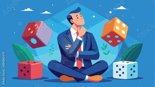 Business Decisions: Meditative Businessman Ponders Dice Roll Outcomes of Right, Wrong, or Uncertain Choices