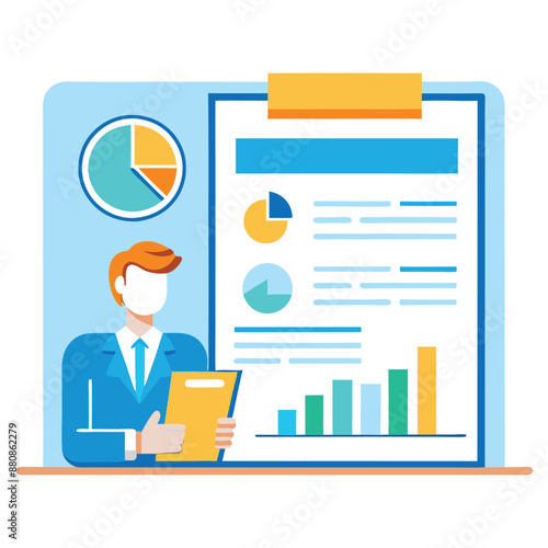 Vector Illustration of Analytical Data and Graphs for Manager Report on White Background