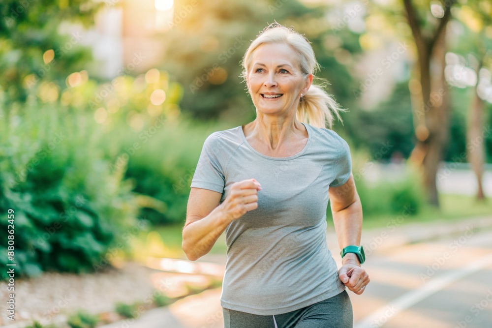 Active senior Caucasian woman running in the park for fitness and health Active senior Caucasian woman running in the park for fitness and health