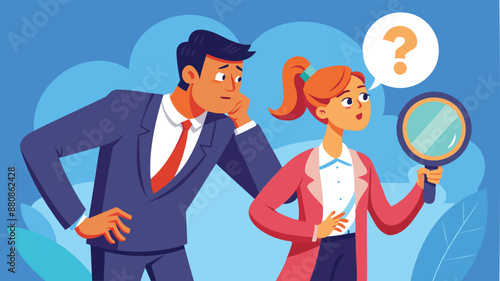 Suspicious businessman analyzes partner with magnifying glass, questioning transparency and trust in business relationship, concerned about potential fraud