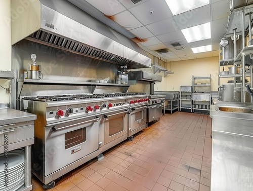 stateoftheart commercial kitchen with gleaming stainless steel appliances and spotless surfaces professionalgrade equipment arranged for maximum efficiency in a spacious layout photo