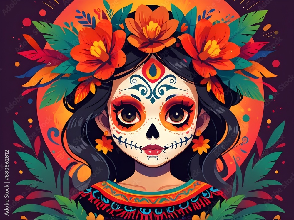 Mexican holiday called Day of the Dead, portrait of Mexican girl with Day of the Dead carnival mask. Generative AI