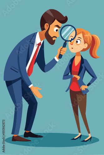 Suspicious businessman analyzes partner with magnifying glass, questioning transparency and trust in business relationship, concerned about potential fraud