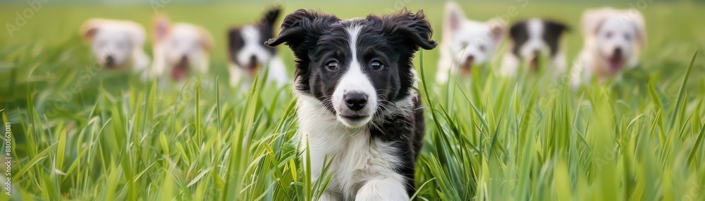 Border Collie puppy running through a field of tall grass, embodying energy and wellness, puppy focus, vitality concept